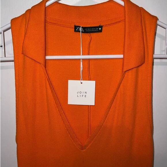 New ZARA Ribbed V Neck Knit Collared Skater Dress size M - Picture 2 of 4